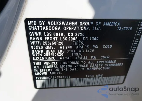 2019 Volkswagen Atlas 3.6L V6 Se W/Technology from USA, damaged, VIN 1V2UR2CA5KC526938